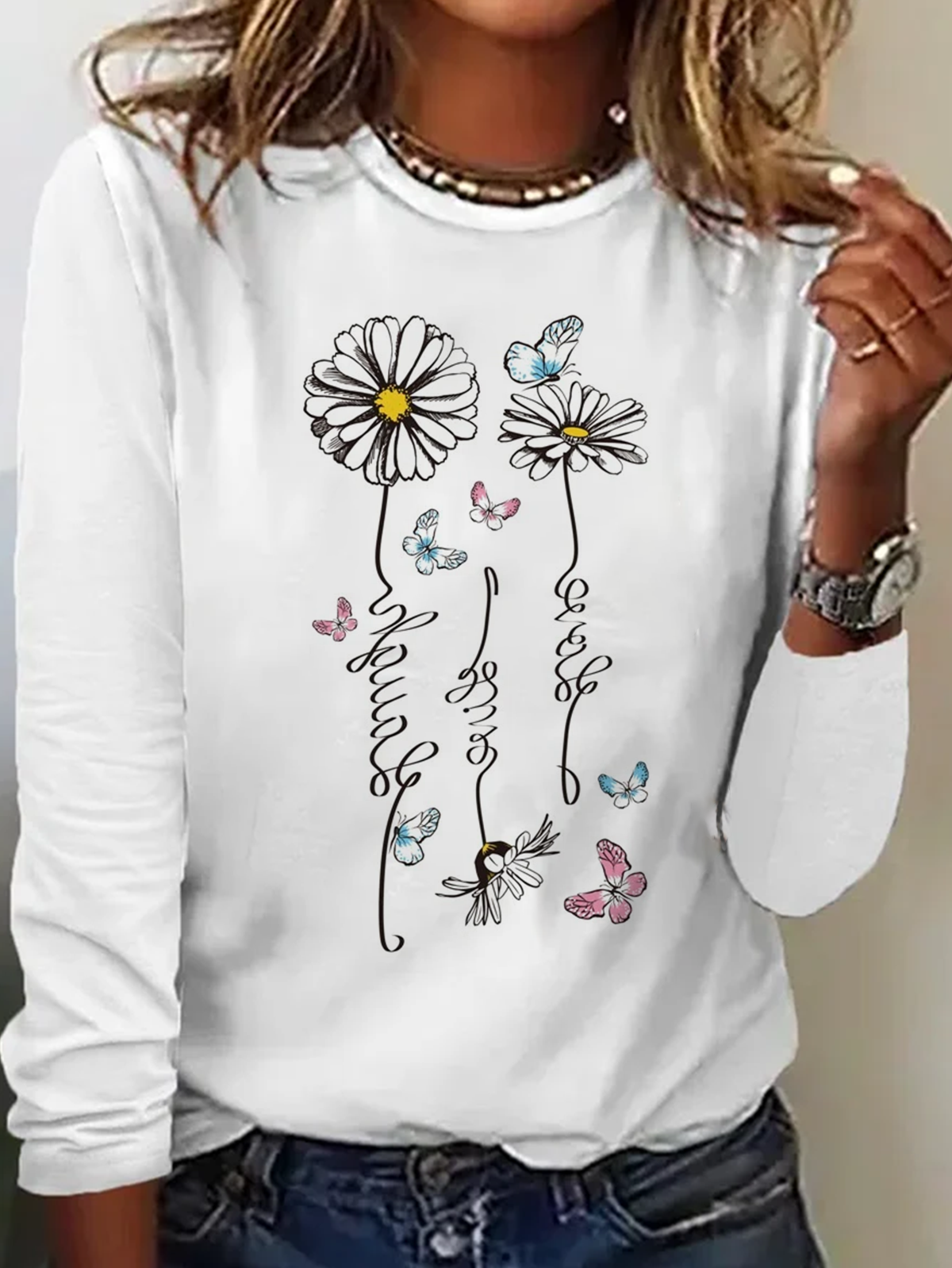 Casual Daisy Crew Neck Long Sleeve T-shirt