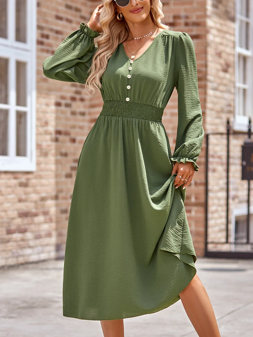 Women Plain Crew Neck Long Sleeve Comfy Casual Midi Dress