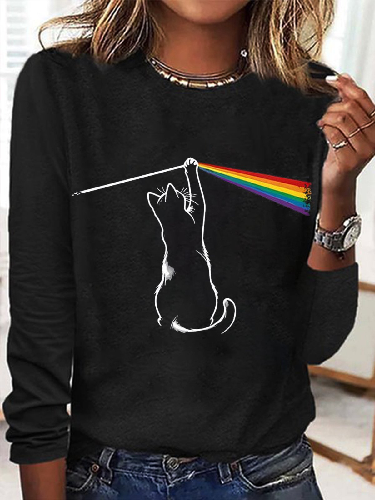 Casual Cat Crew Neck Long Sleeve T-shirt