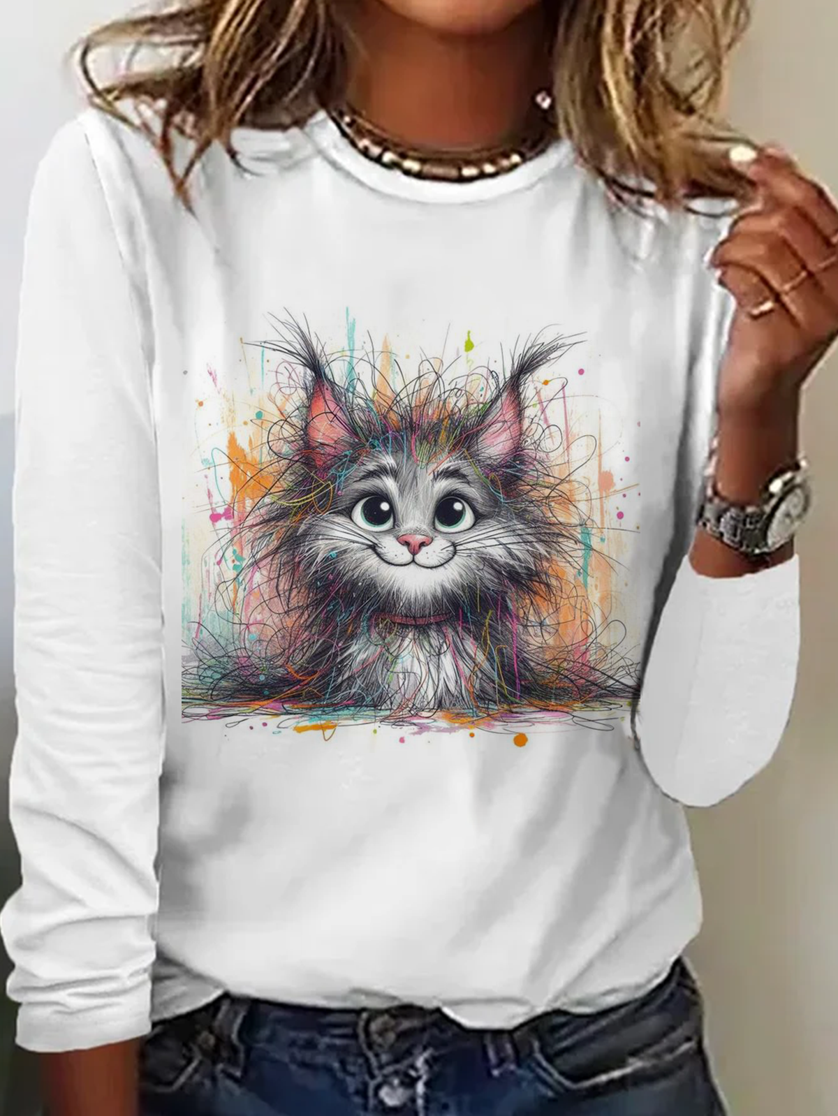 Casual Cat Crew Neck Long Sleeve T-shirt