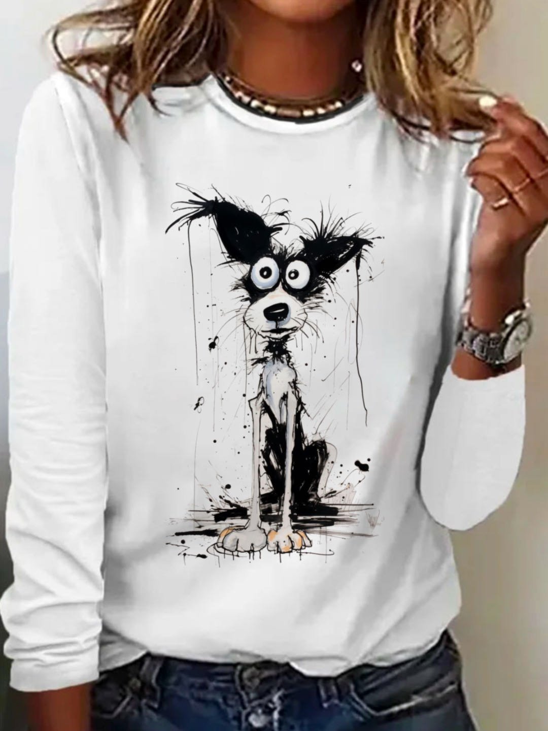 Casual Dog Crew Neck Long Sleeve T-shirt