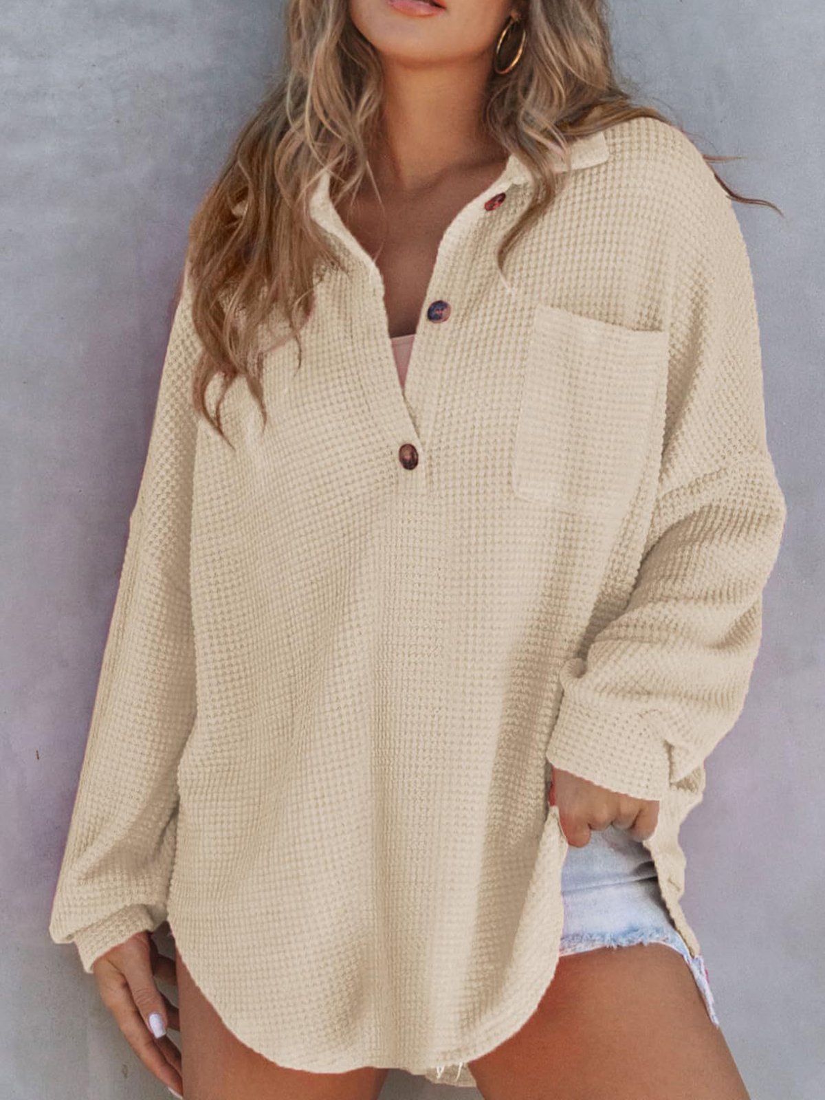 Casual V Neck Plain Sweatshirt Buckle