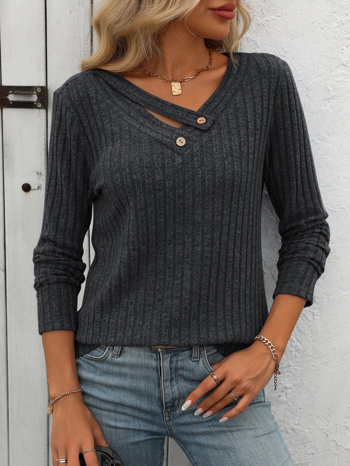 Casual Plain V Neck Long Sleeve T-shirt