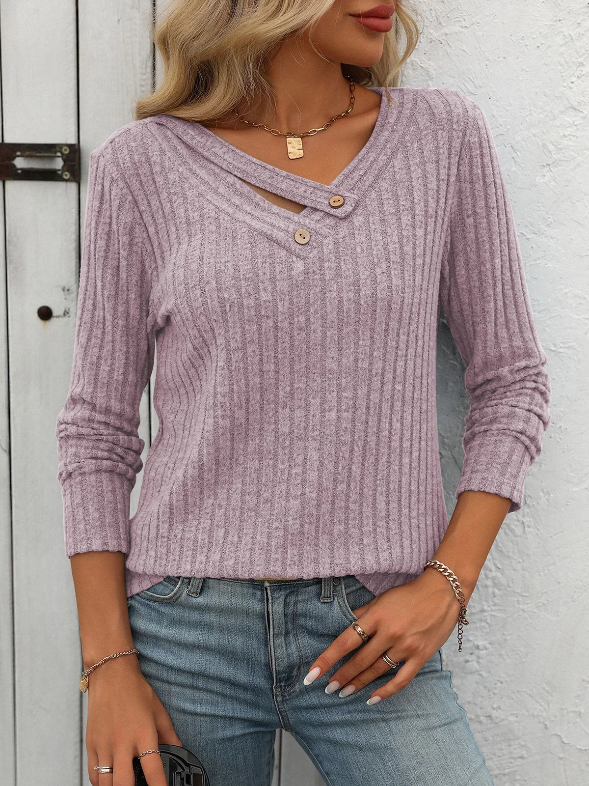 Casual Plain V Neck Long Sleeve T-shirt