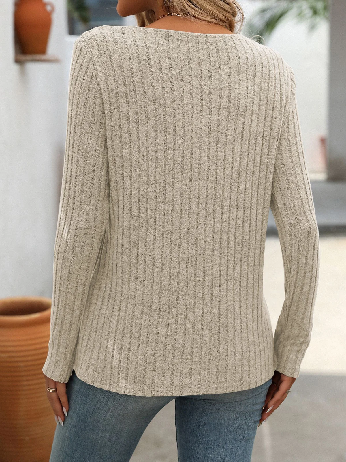 Casual Plain V Neck Long Sleeve T-shirt