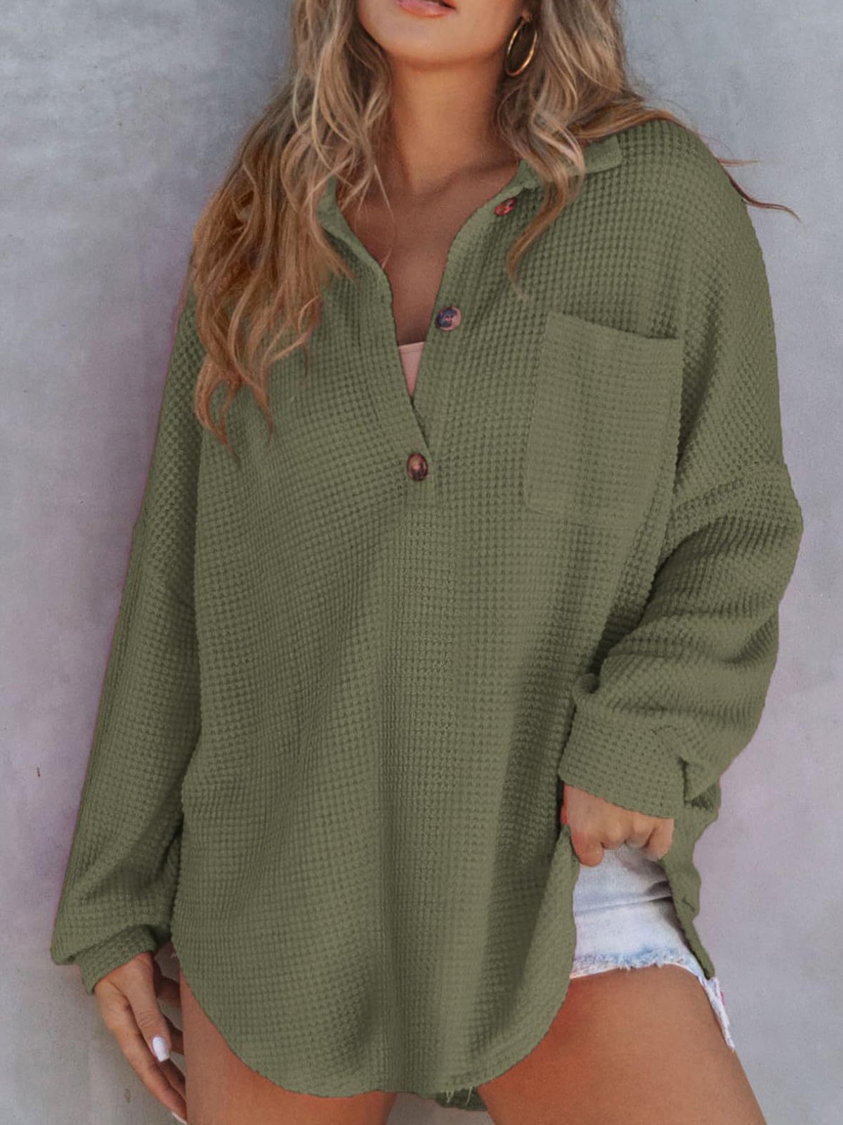 Casual V Neck Plain Sweatshirt Buckle