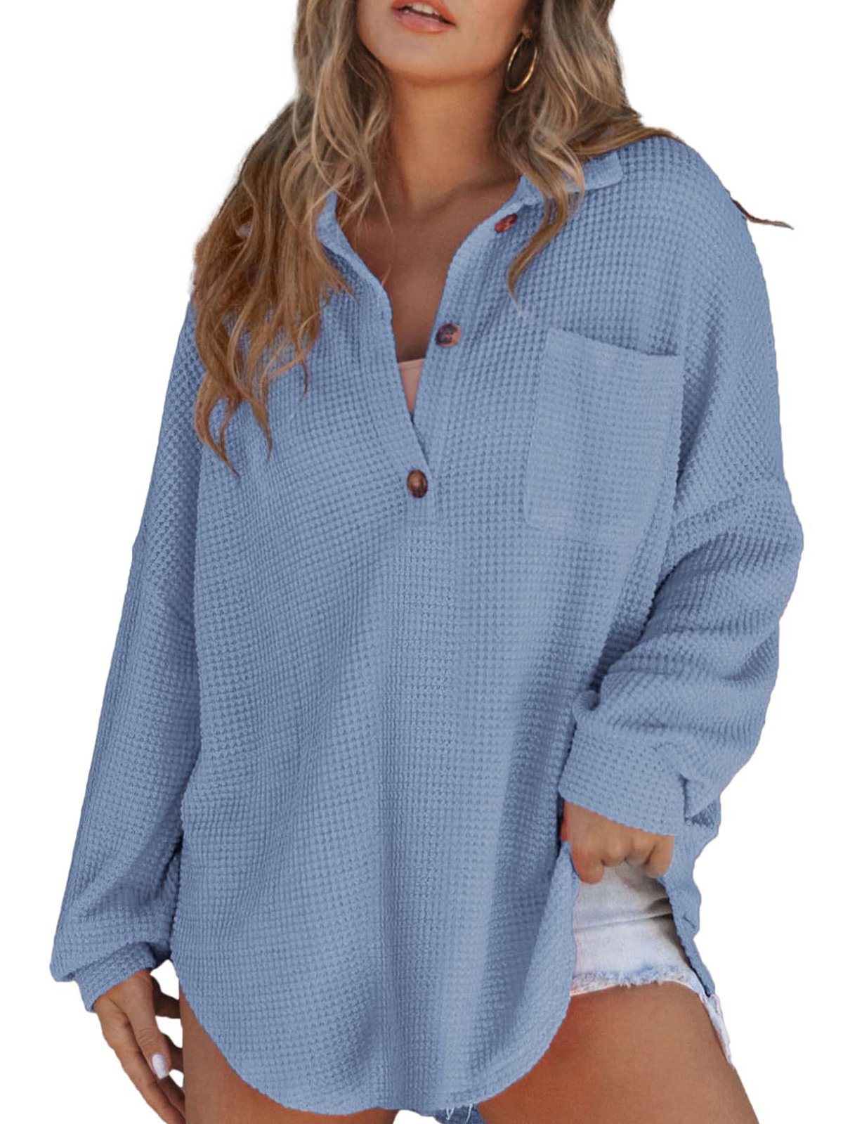 Casual V Neck Plain Sweatshirt Buckle