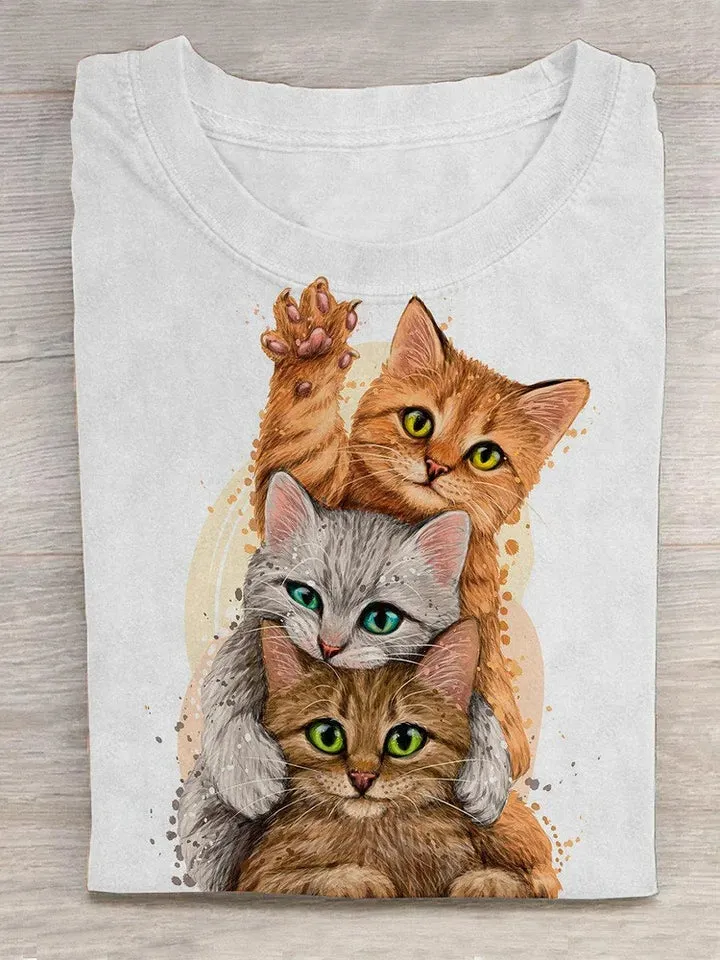 Casual Cat Crew Neck Long Sleeve T-shirt