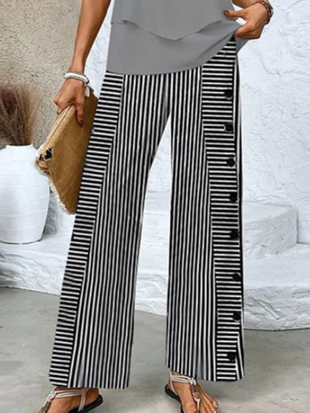 Women Striped Crew Neck Sleeveless Comfy Casual Buckle Top With Pants Two-Piece Set