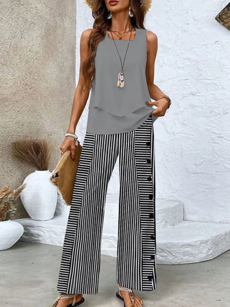 Women Striped Crew Neck Sleeveless Comfy Casual Buckle Top With Pants Two-Piece Set