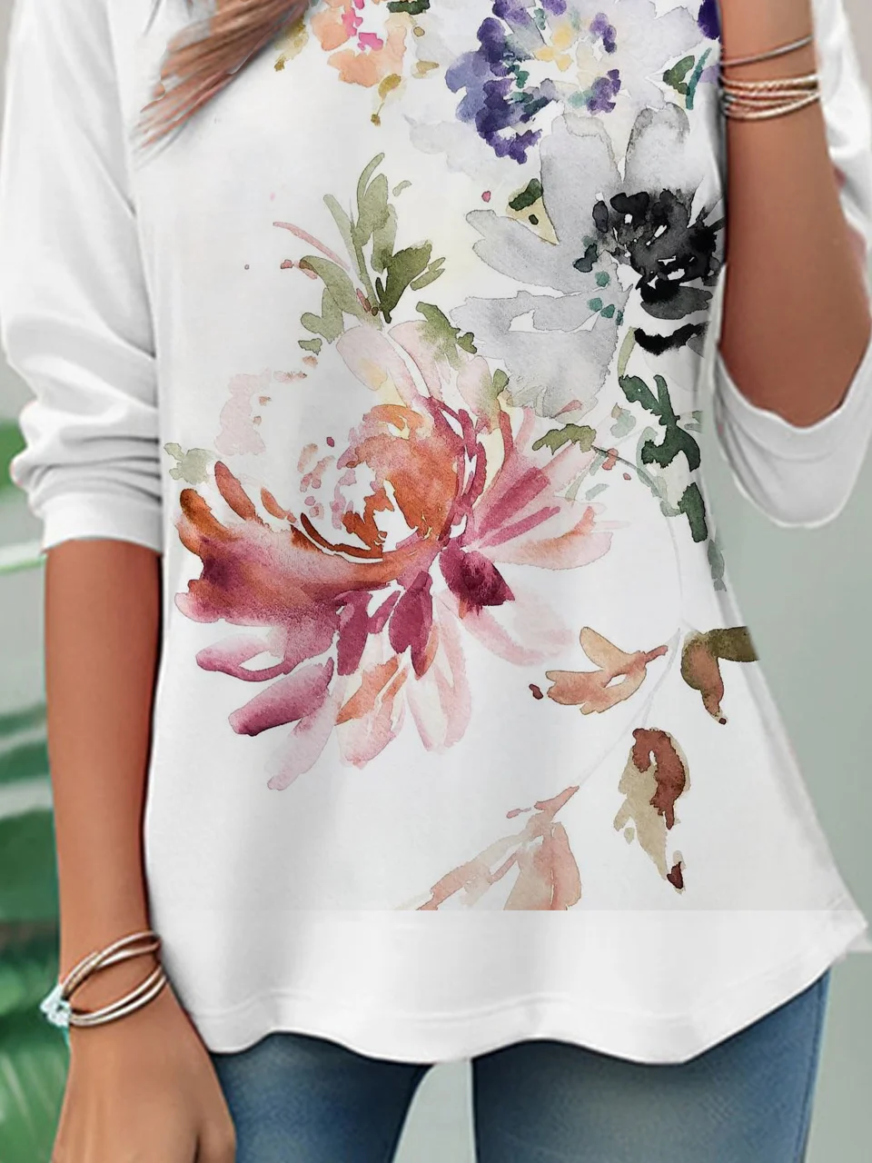 Casual Floral Crew Neck Long Sleeve T-shirt