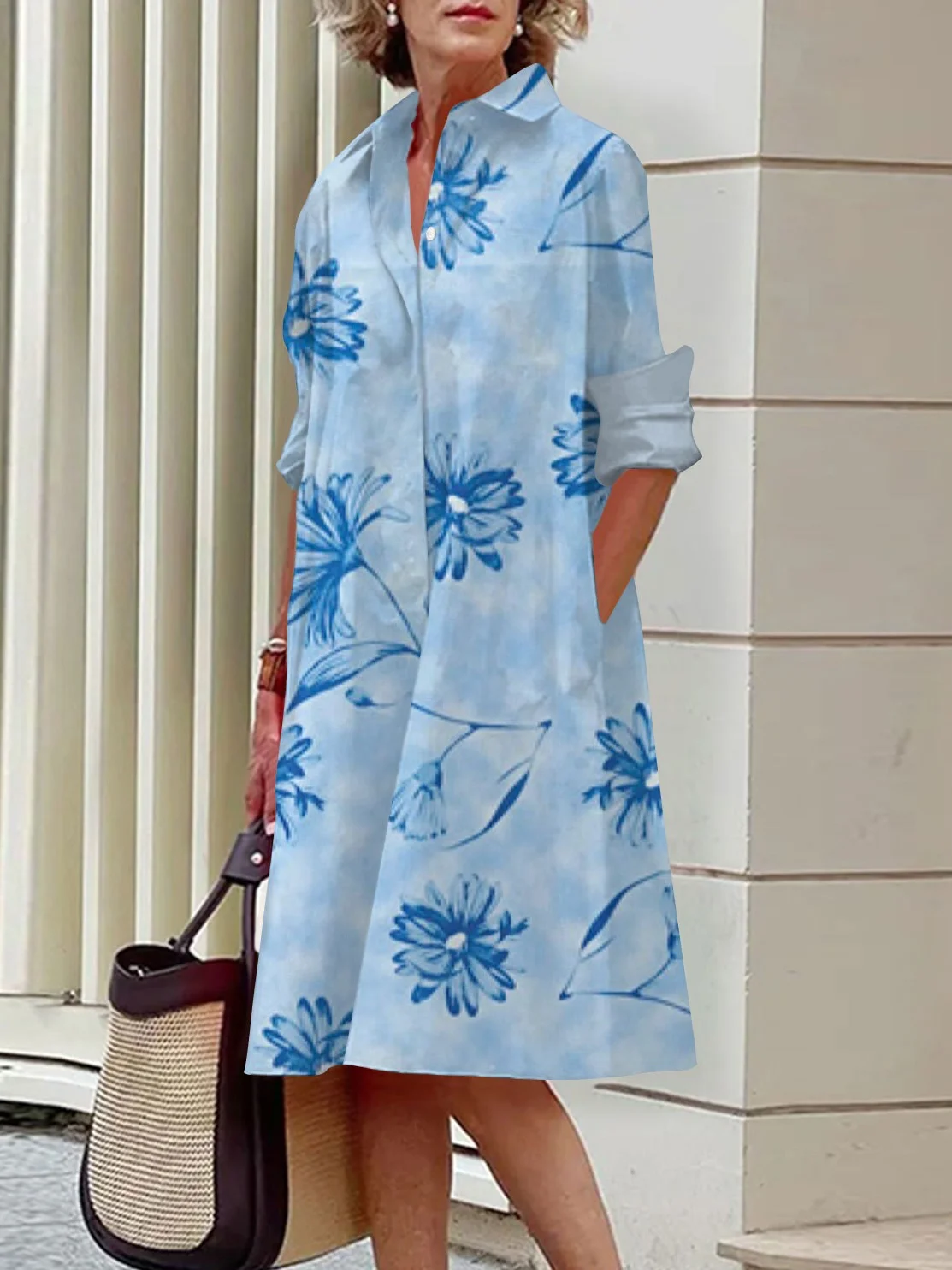 Women Floral Shirt Collar Long Sleeve Comfy Casual Midi Dress