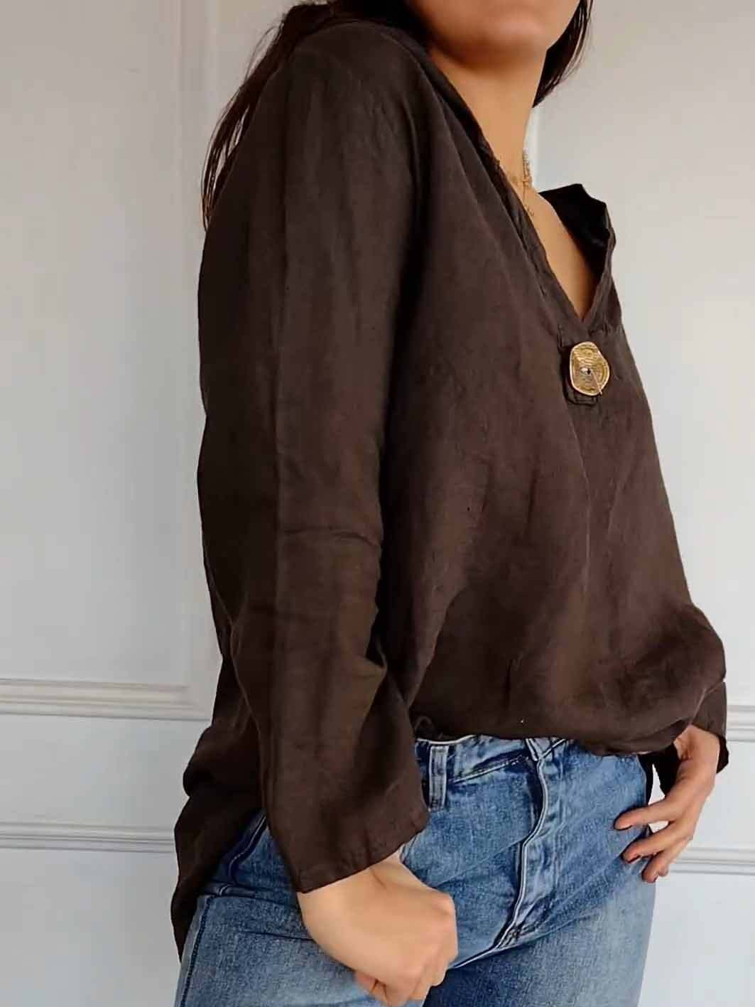 V Neck Long Sleeve Plain Regular Loose Blouse For Women