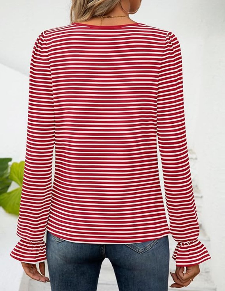 Crew Neck Long Sleeve Striped Lace Regular Loose Blouse For Women