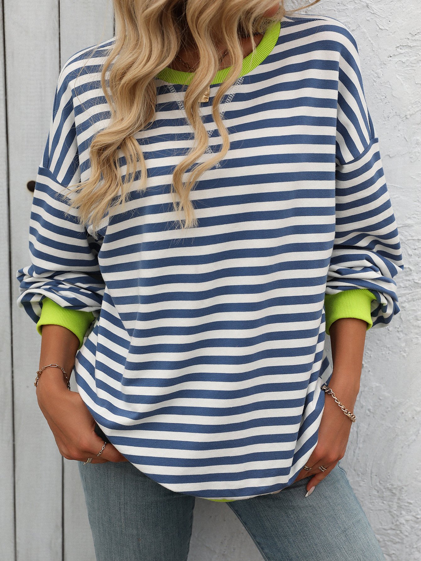 Casual Crew Neck Striped Sweatshirt