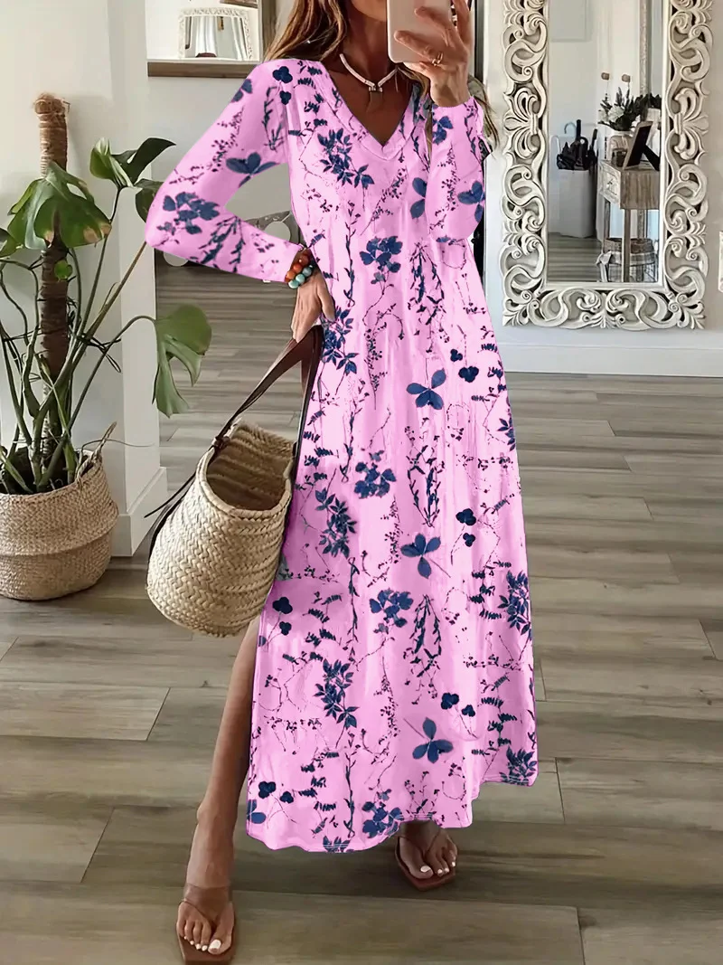 Women Floral V Neck Long Sleeve Comfy Casual Maxi Dress