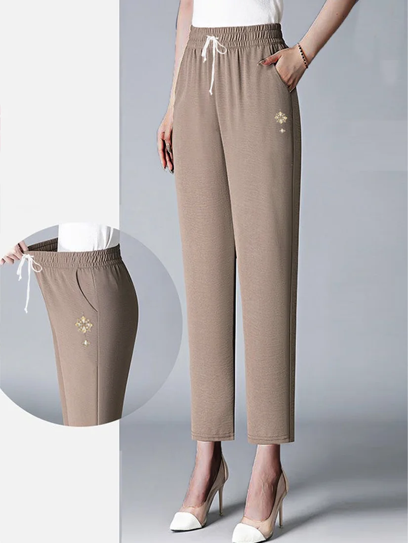 Casual Plain Ankle Pants Elastic Waist Pant