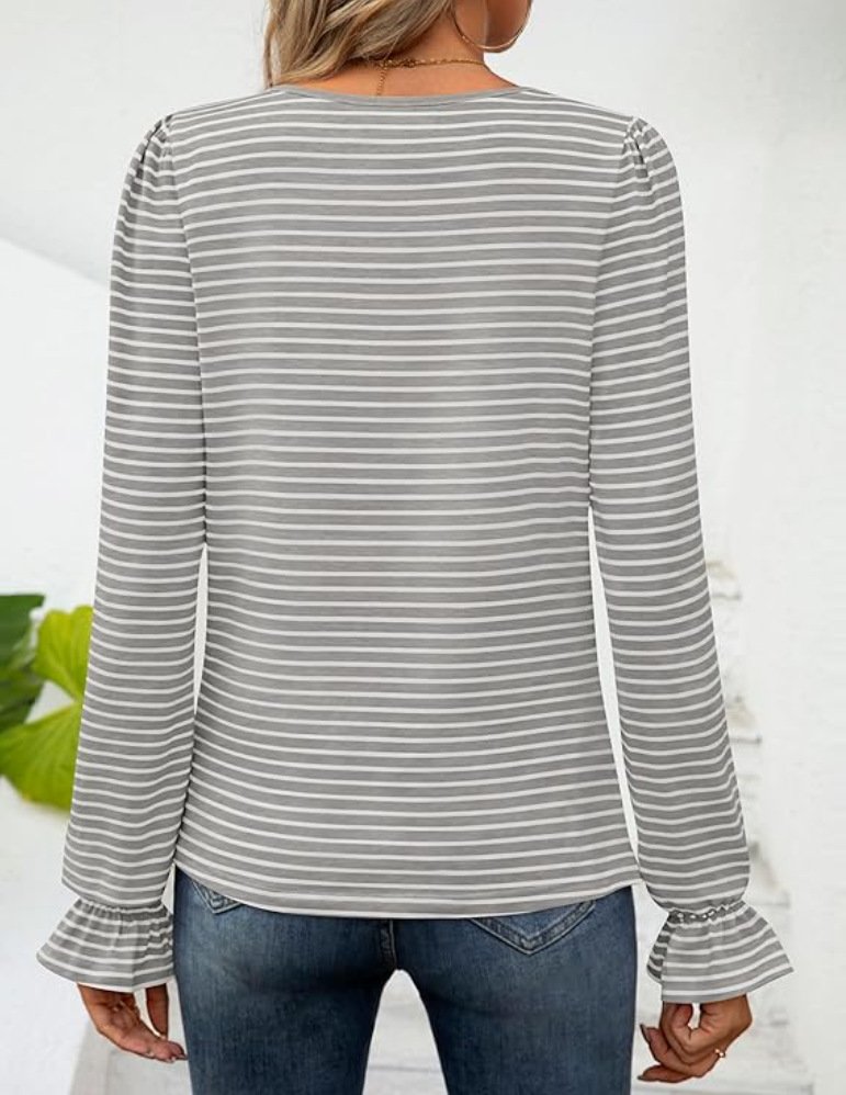 Crew Neck Long Sleeve Striped Lace Regular Loose Blouse For Women