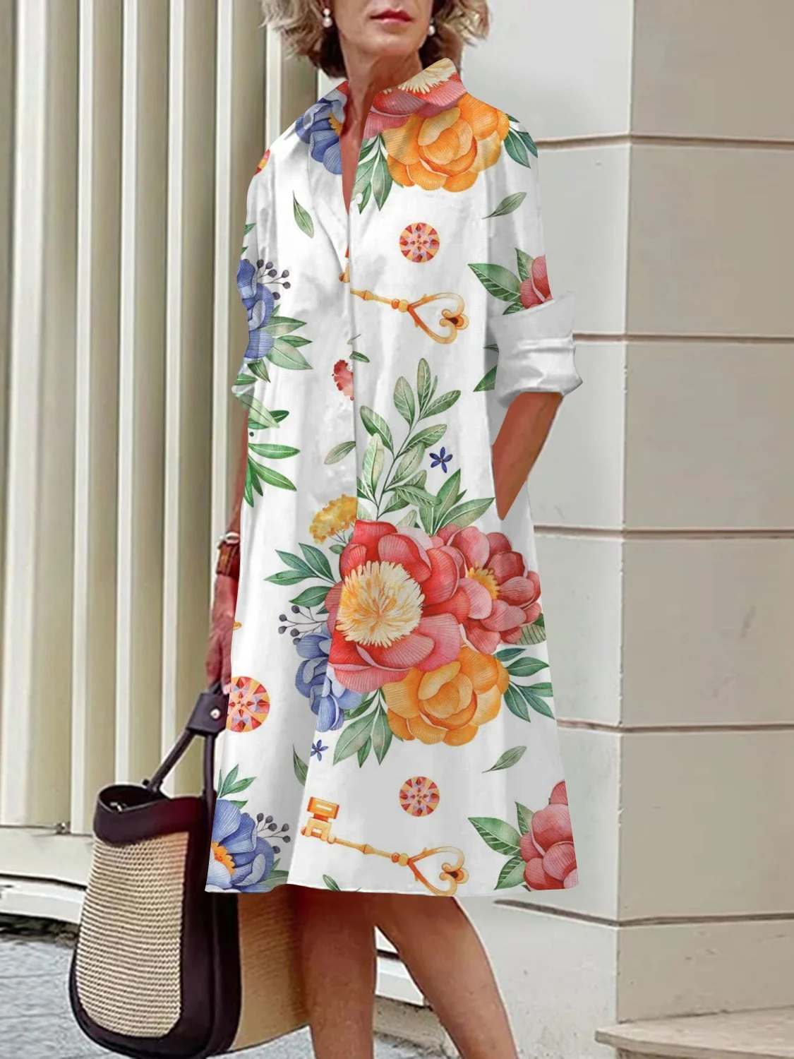 Women Floral Shirt Collar Long Sleeve Comfy Casual Midi Dress