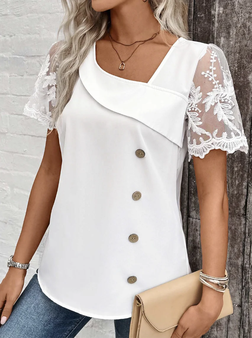 Short Sleeve Dragonfly Lace Regular Loose Blouse For Women