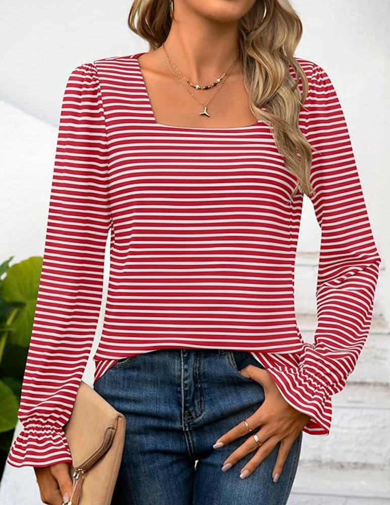 Crew Neck Long Sleeve Striped Lace Regular Loose Blouse For Women