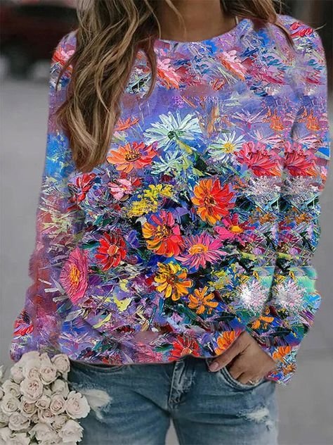 Casual Crew Neck Floral Sweatshirt