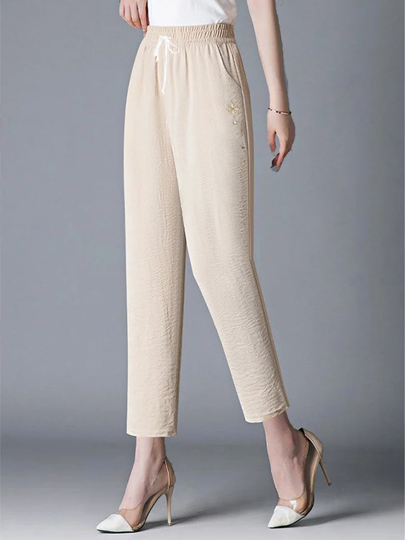 Casual Plain Ankle Pants Elastic Waist Pant