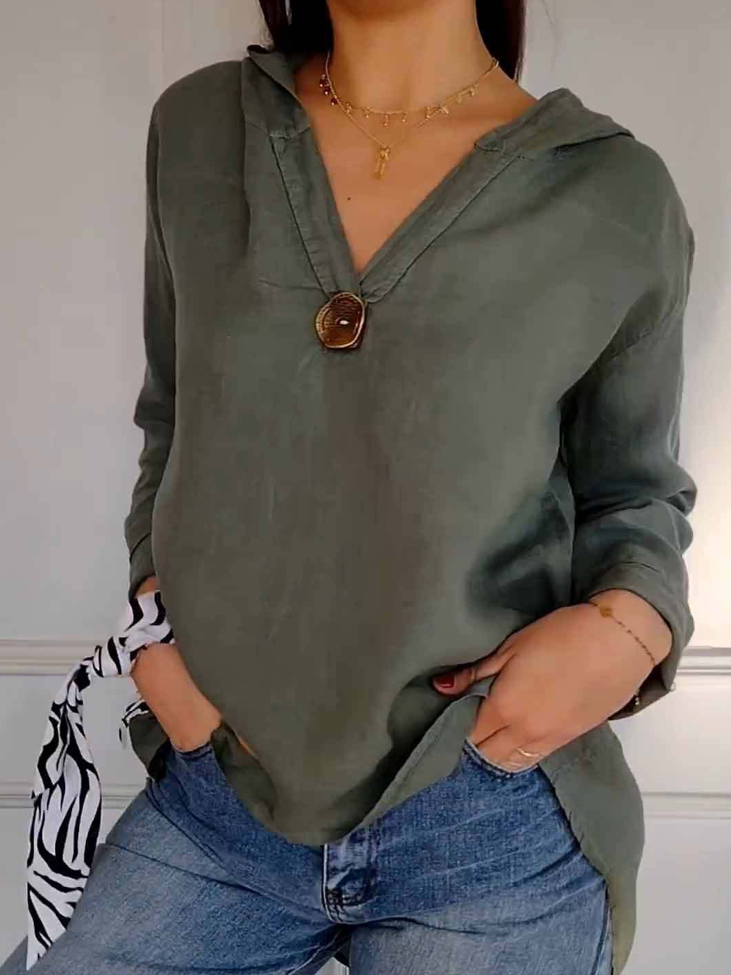 V Neck Long Sleeve Plain Regular Loose Blouse For Women