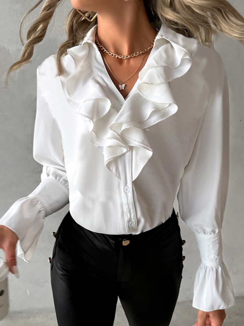 V Neck Long Sleeve Plain Regular Loose Blouse For Women