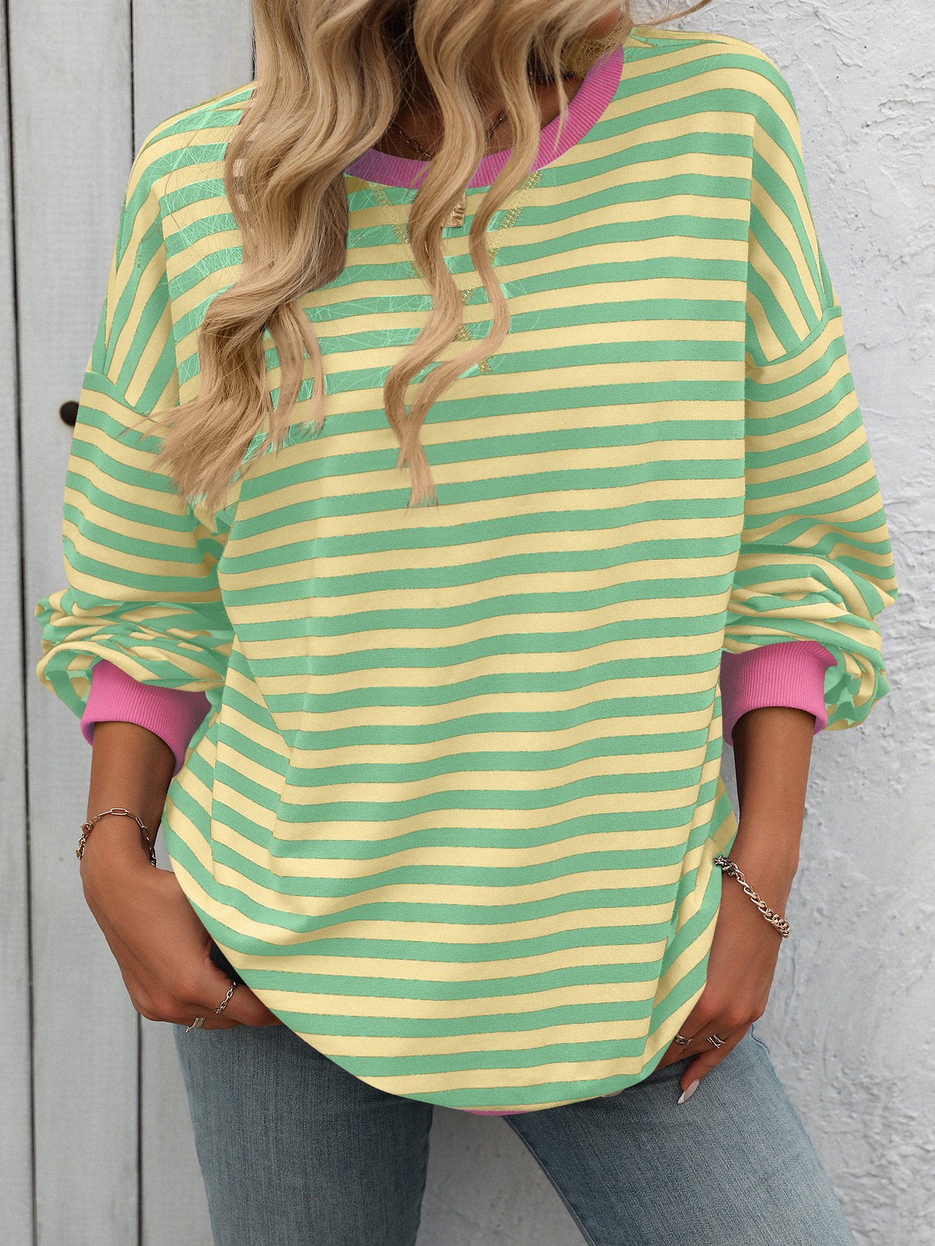 Casual Crew Neck Striped Sweatshirt