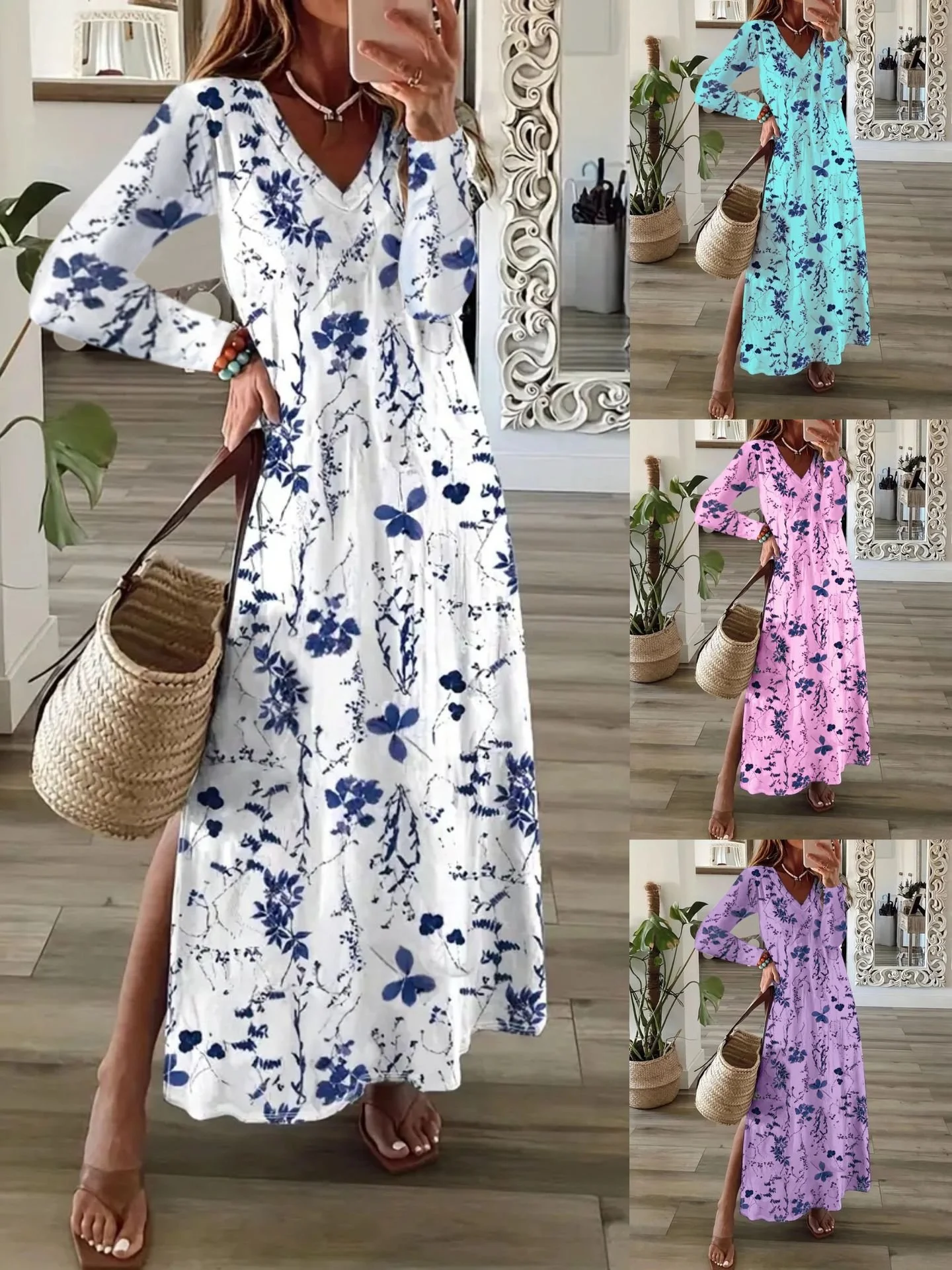 Women Floral V Neck Long Sleeve Comfy Casual Maxi Dress