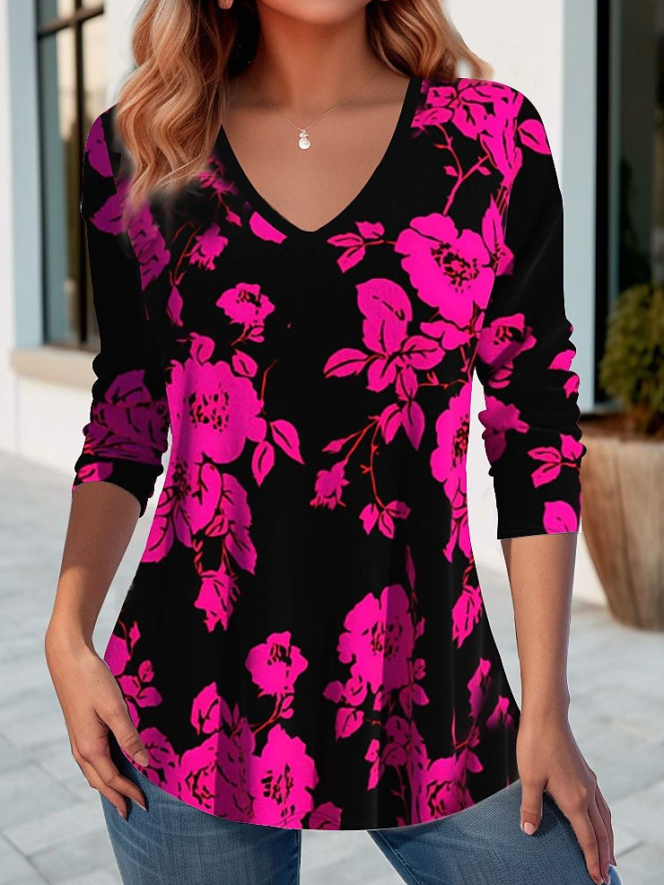 Casual Floral V Neck Long Sleeve T-shirt