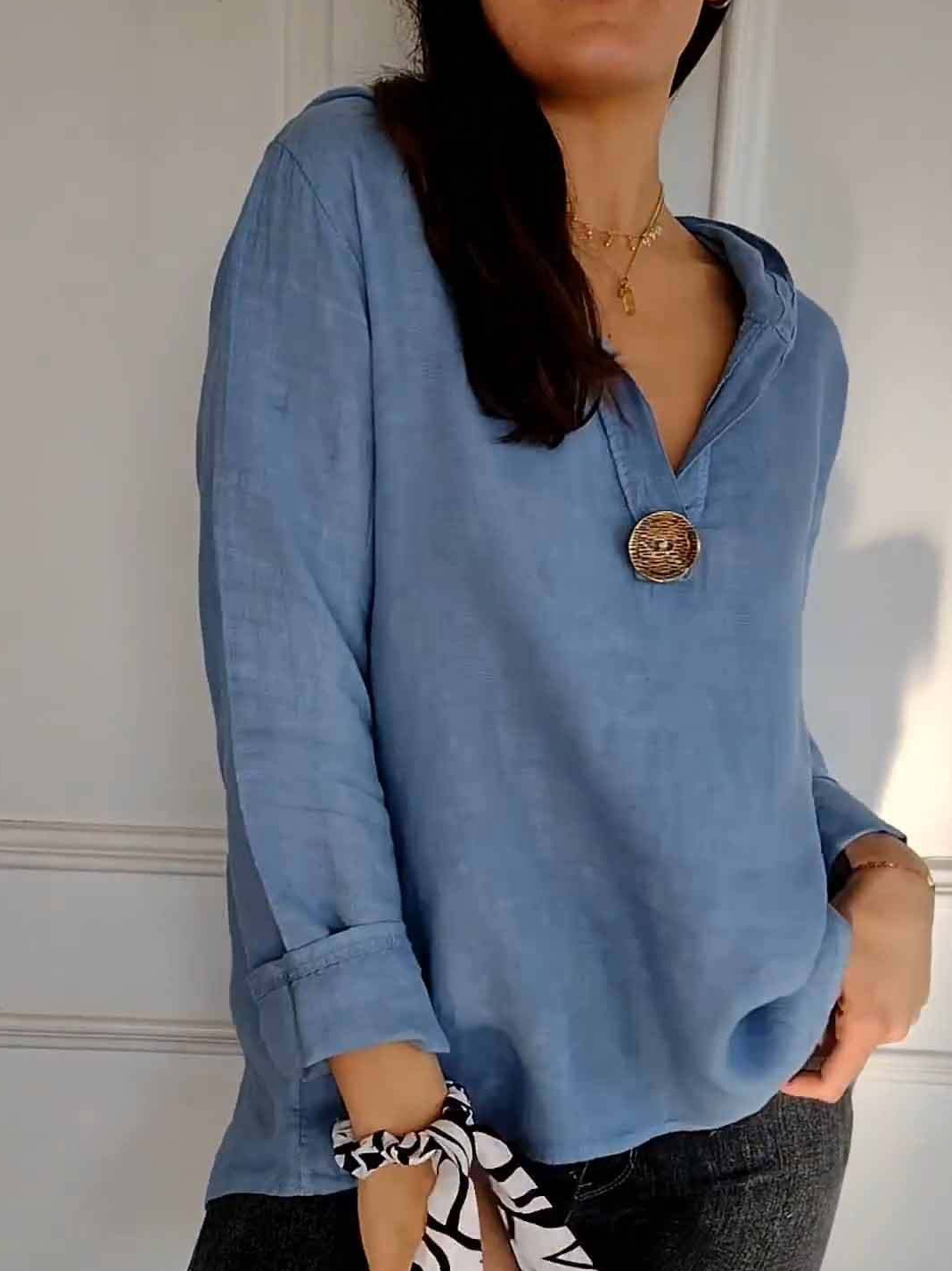 V Neck Long Sleeve Plain Regular Loose Blouse For Women