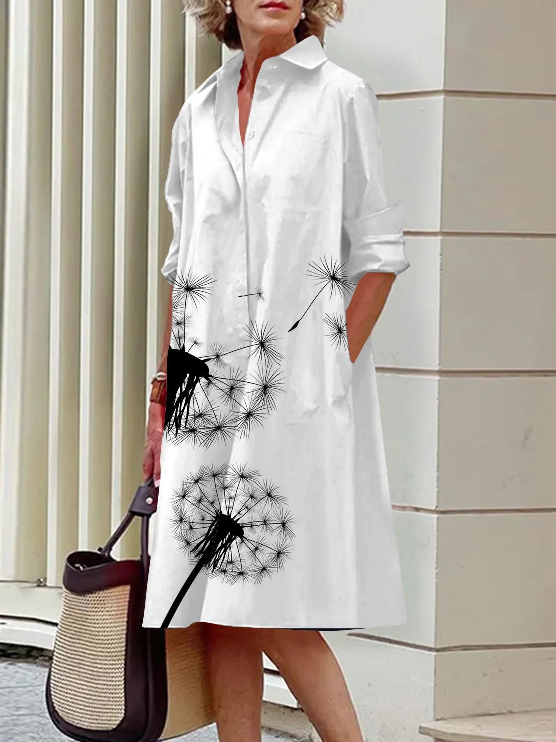 Women Floral Shirt Collar Long Sleeve Comfy Casual Midi Dress