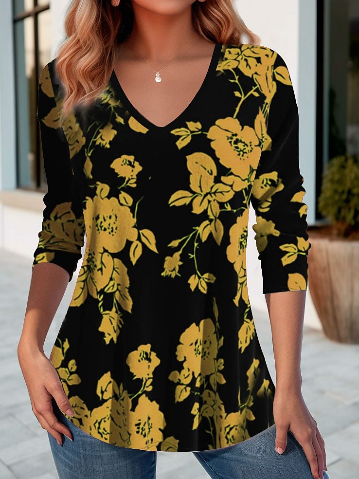 Casual Floral V Neck Long Sleeve T-shirt