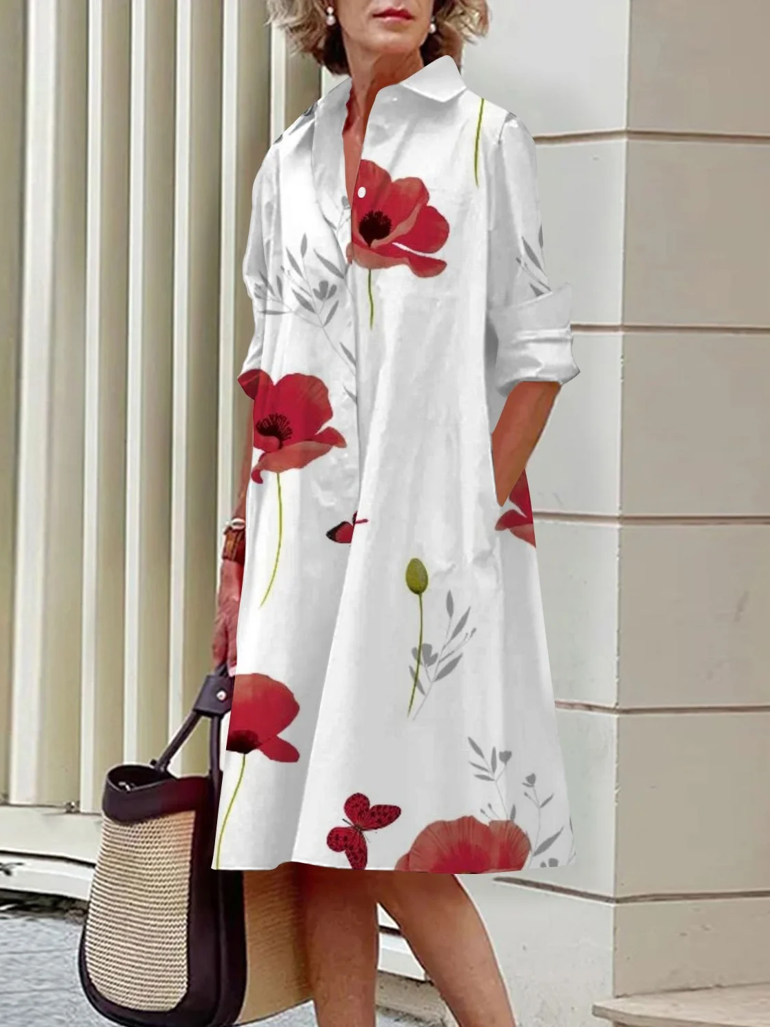 Women Floral Shirt Collar Long Sleeve Comfy Casual Midi Dress