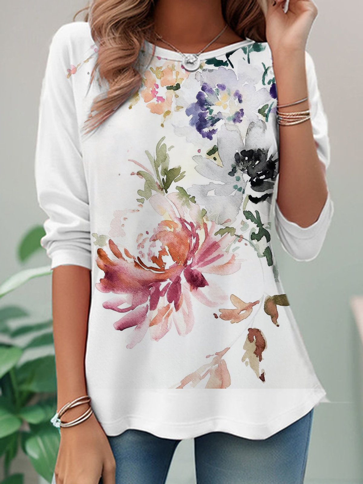 Casual Floral Crew Neck Long Sleeve T-shirt