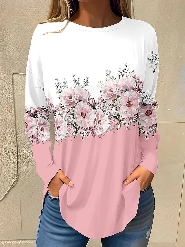 Casual Floral Crew Neck Long Sleeve T-shirt