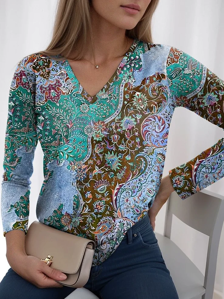 Casual Ethnic V Neck Long Sleeve T-shirt