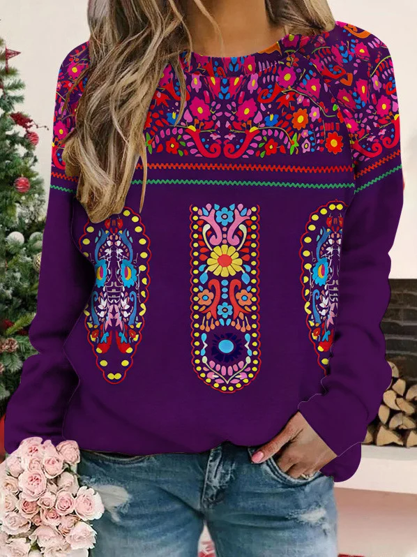 Casual Crew Neck Ethnic Sweatshirt