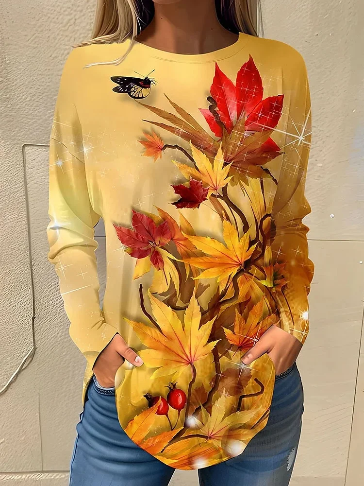 Casual Floral Crew Neck Long Sleeve T-shirt