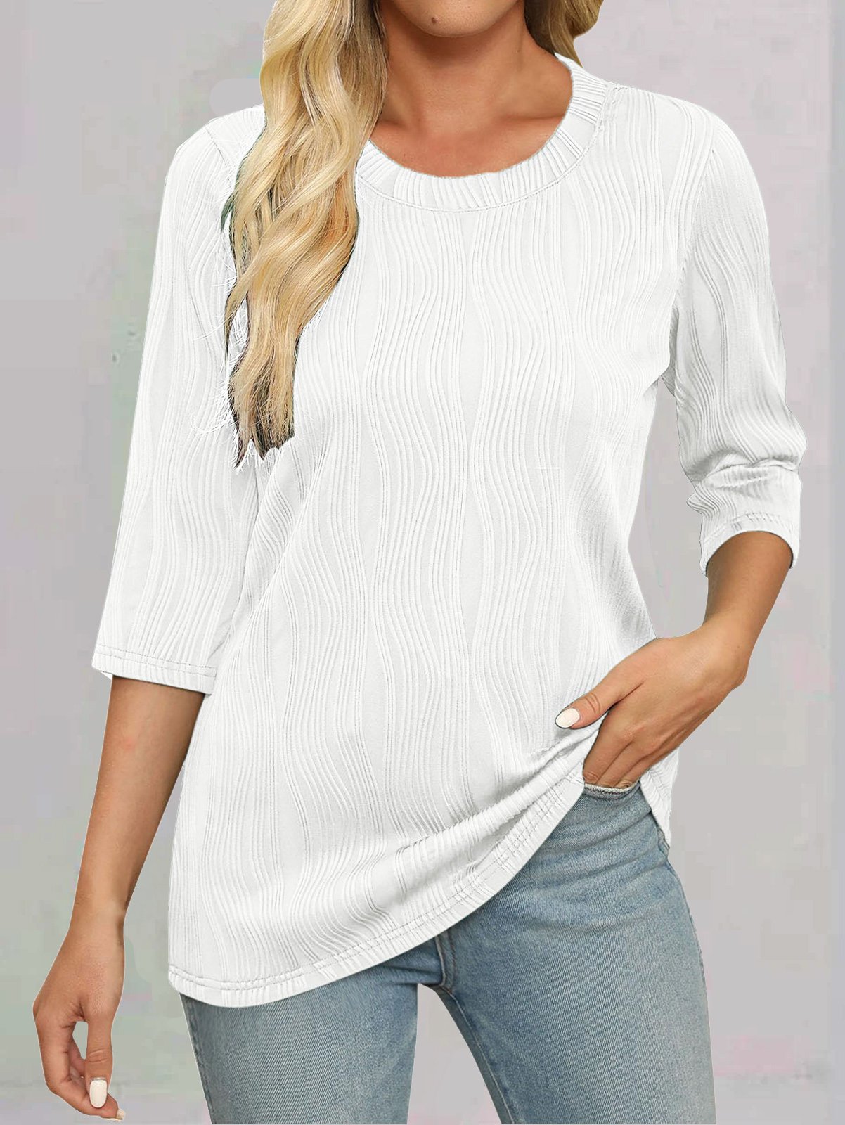 Casual Plain Crew Neck Three Quarter Sleeve T-shirt