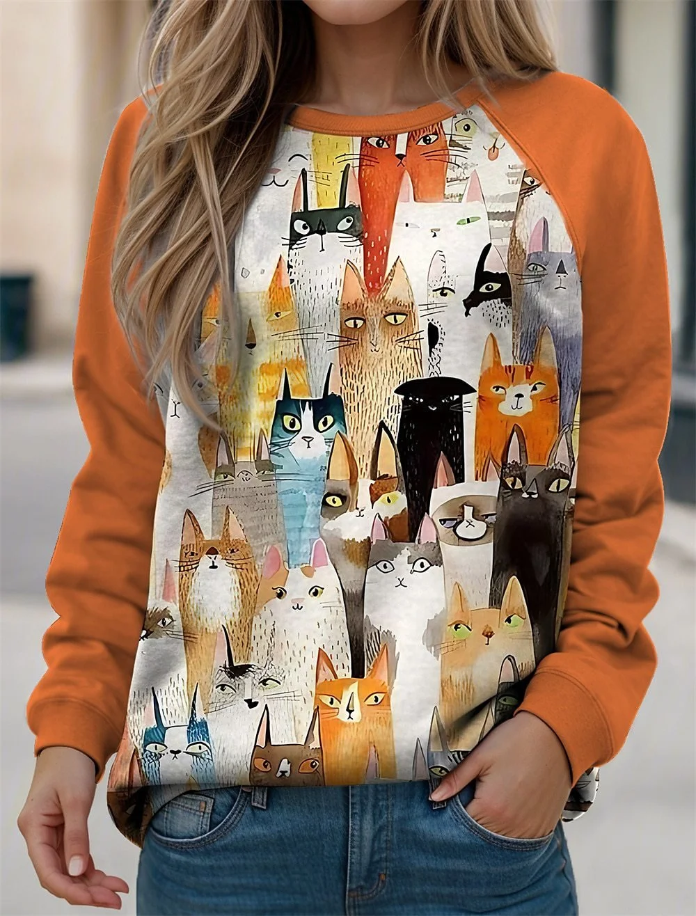 Casual Crew Neck Cat Sweatshirt