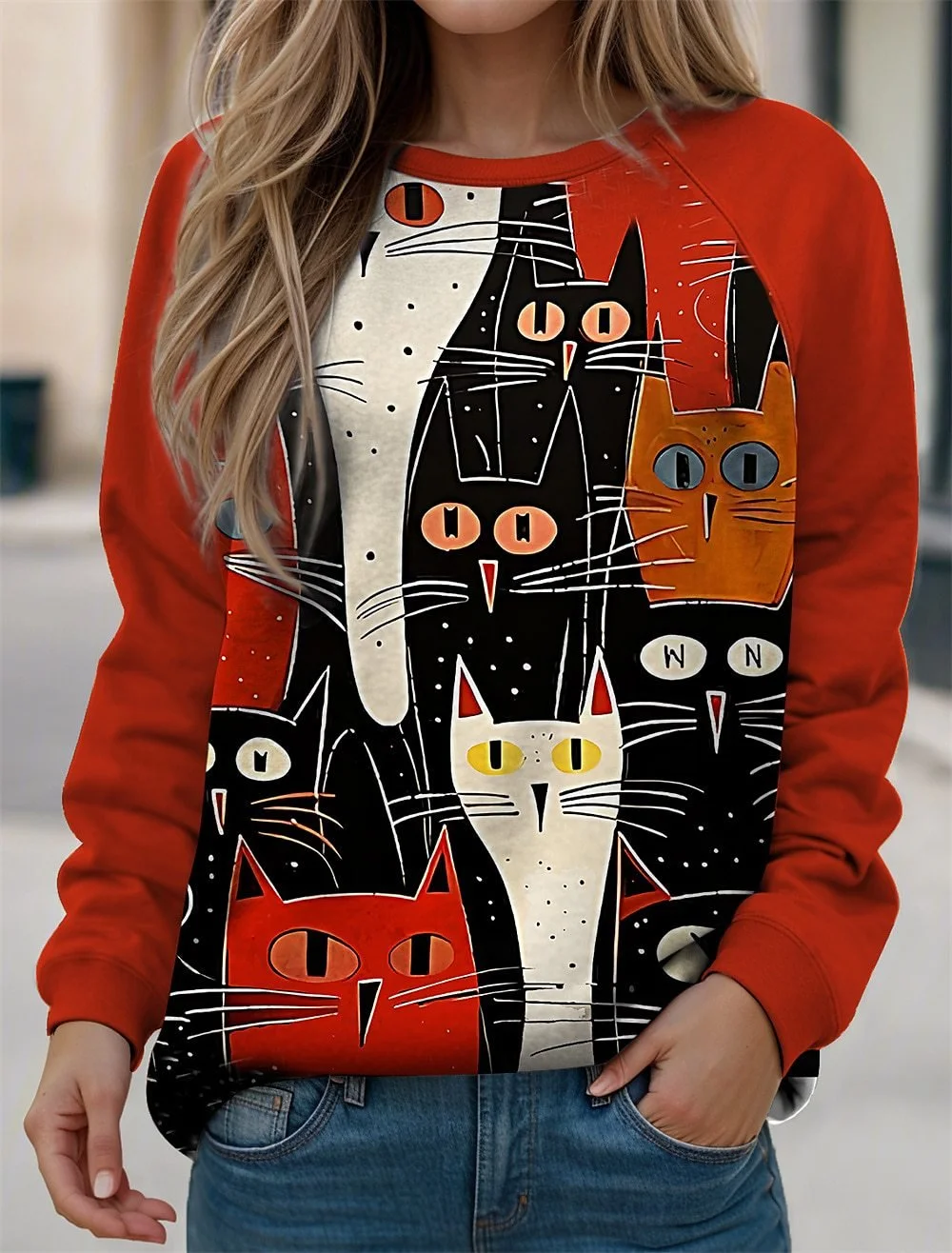 Casual Crew Neck Cat Sweatshirt