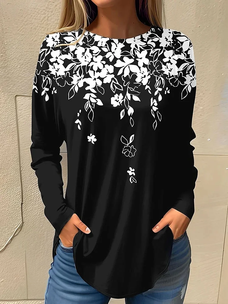 Casual Floral Crew Neck Long Sleeve T-shirt