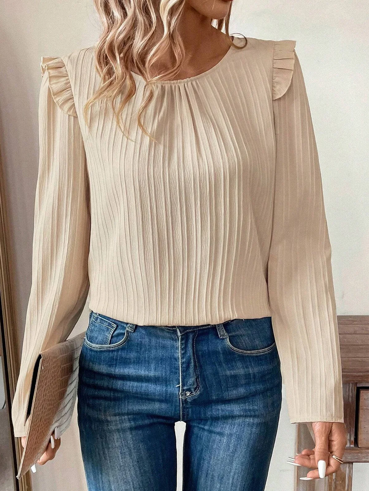 Crew Neck Long Sleeve Plain Buckle Regular Loose Blouse For Women