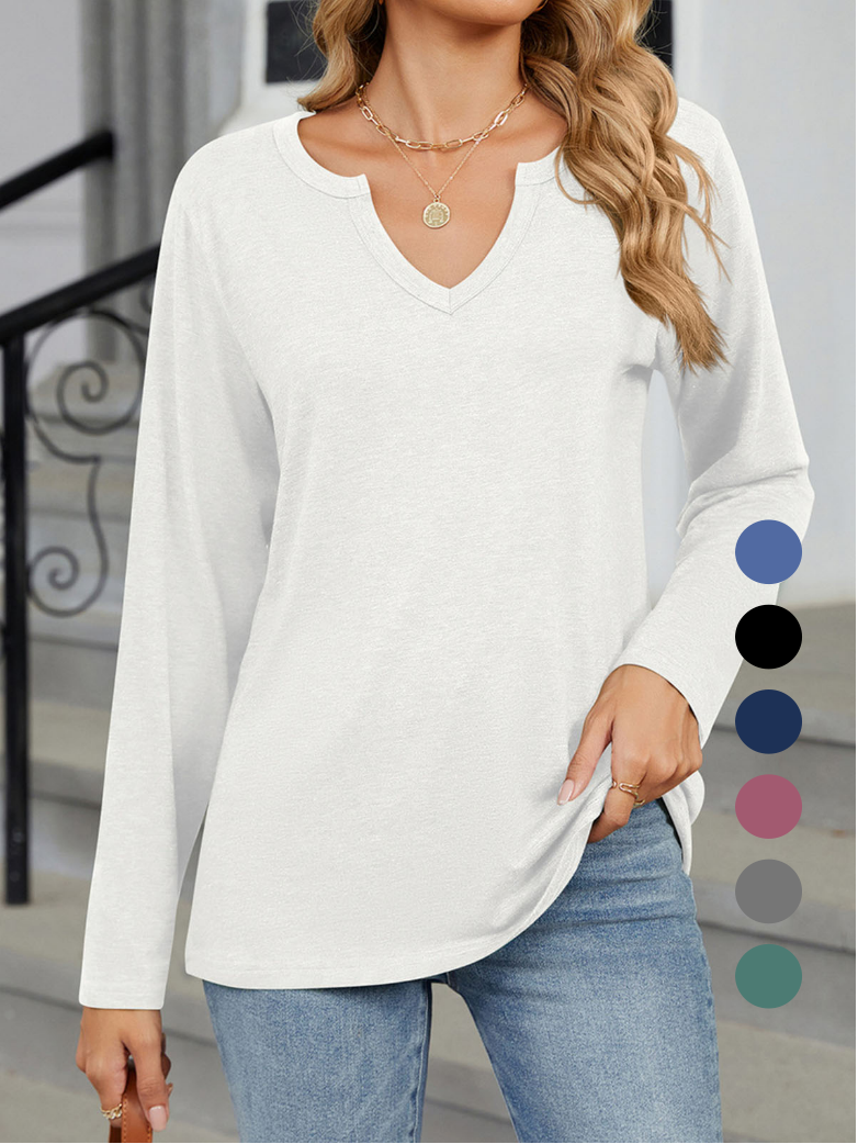 Casual Plain V Neck Long Sleeve T-shirt