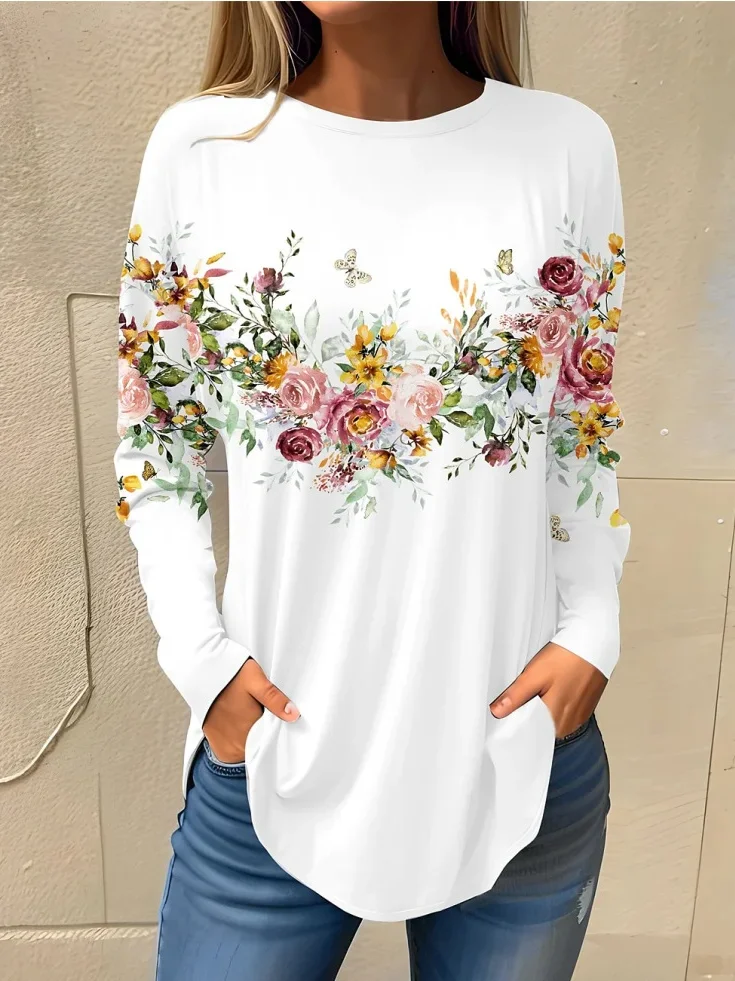 Casual Floral Crew Neck Long Sleeve T-shirt