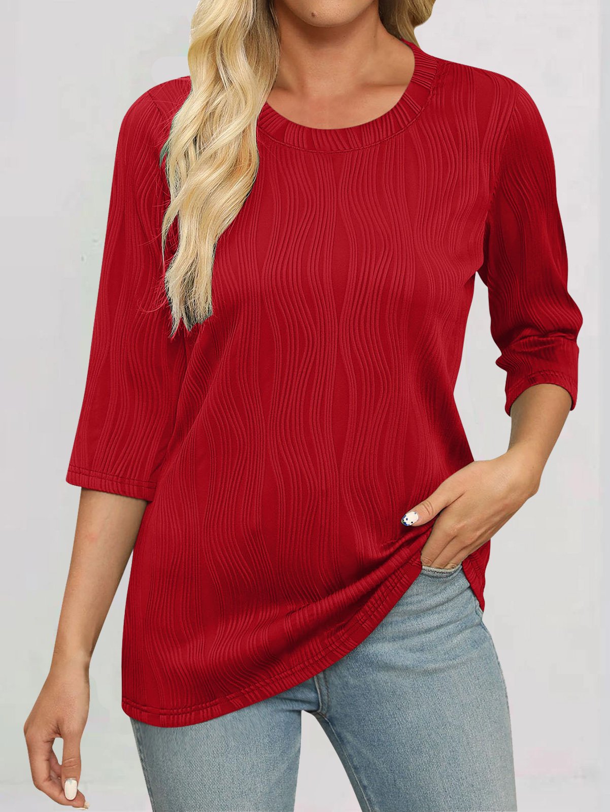 Casual Plain Crew Neck Three Quarter Sleeve T-shirt