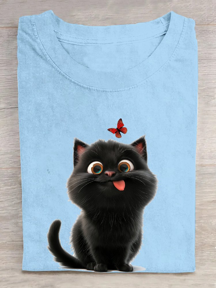 Casual Cat Crew Neck Short Sleeve T-shirt